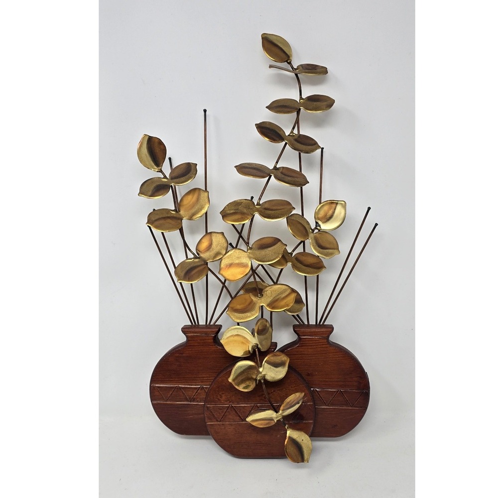 Vtg HOMCO retro brass Eucalyptus leaves wall sculpture Hopi wood MCM rustic